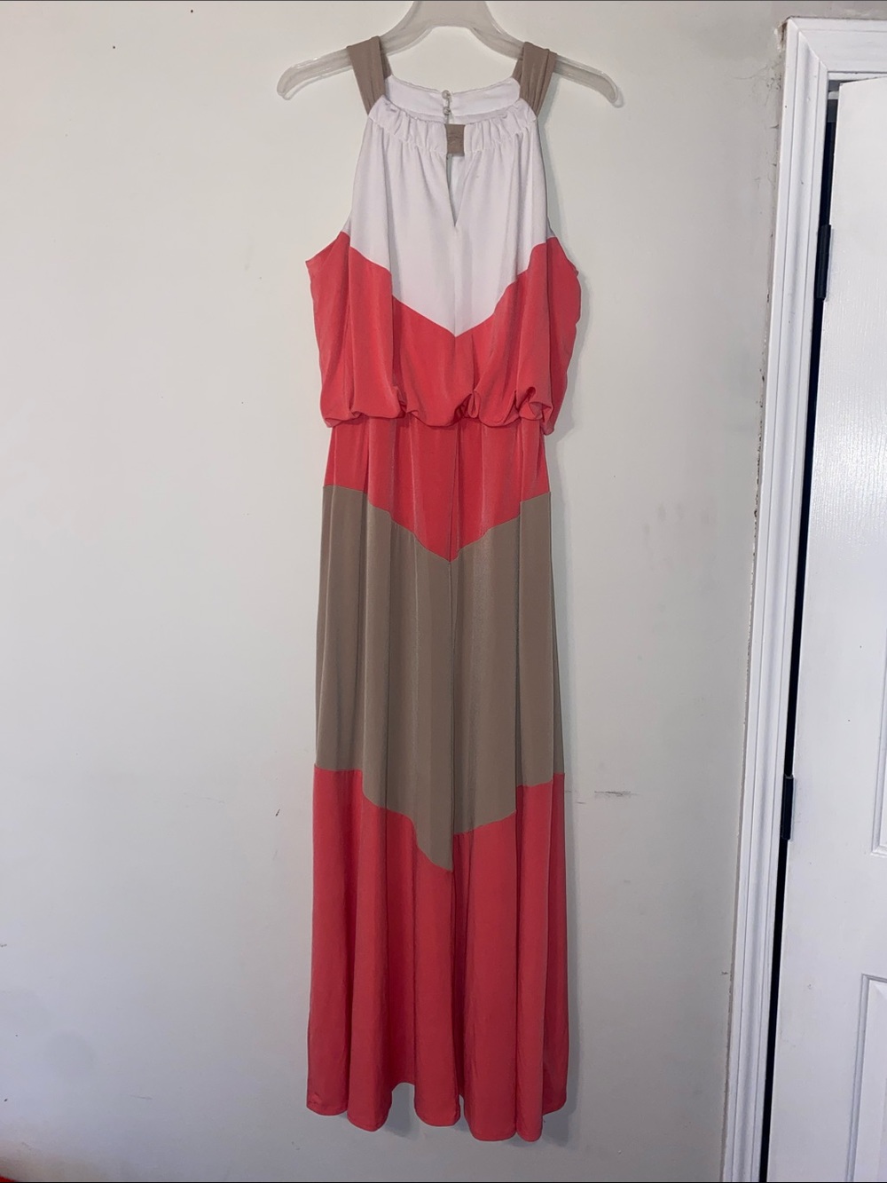 London Style Colorblock Maxi Dress in Coral, White & Taupe
